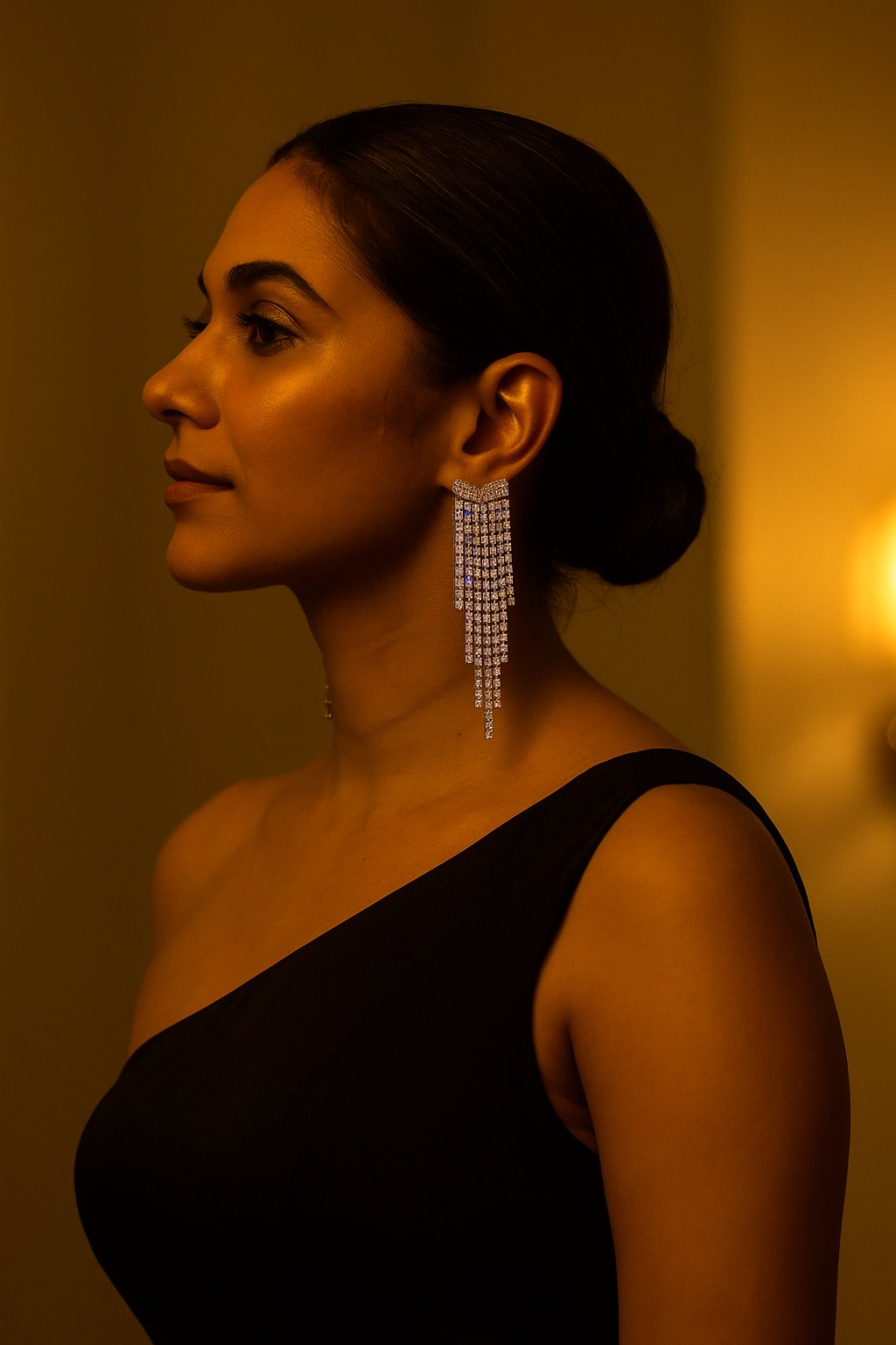 woman wearing moonlit tassel dangler earrings