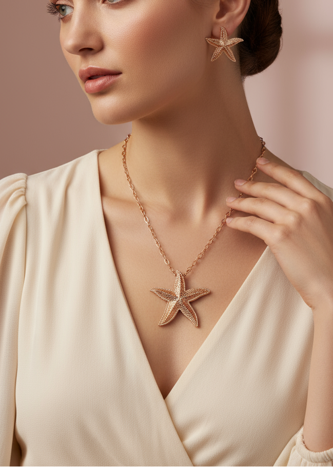 Golden Starfish Statement Set Elegant, dainty and minimal jewelry perfect for everyday wear. Handcrafted gold and silver jewelry from Erica Jewelry India collection.
