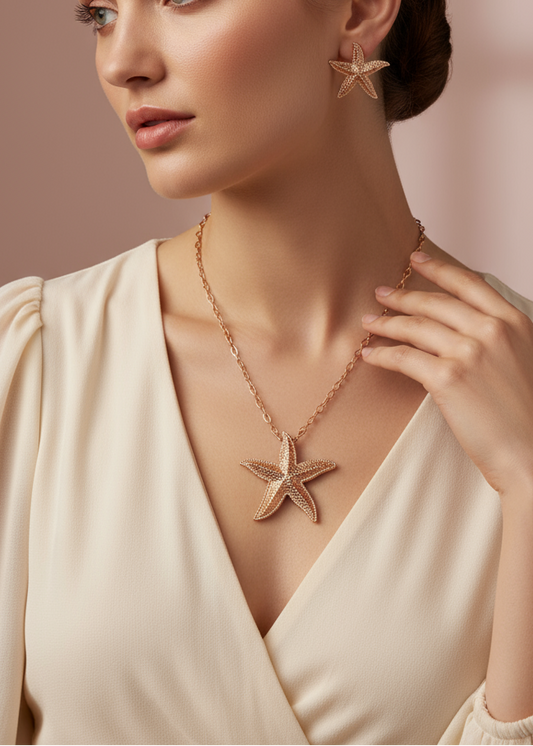 Golden Starfish Statement Set Elegant, dainty and minimal jewelry perfect for everyday wear. Handcrafted gold and silver jewelry from Erica Jewelry India collection.
