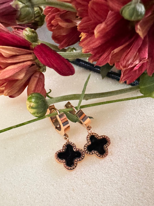 Rose gold earrings with black clover-Midnight Bloom Clover Drops Erica Jewelry India Dainty Everyday Minimal  Gold  Silver Jewelry