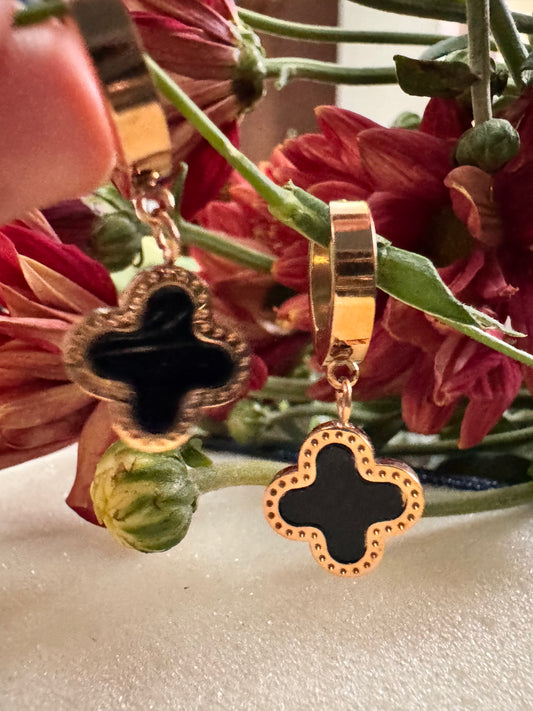 Rose gold earrings with black clover-Midnight Bloom Clover Drops Erica Jewelry India Dainty Everyday Minimal  Gold  Silver Jewelry